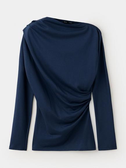 Mango Boat Neck Draped Long Sleeve Top, Navy, Navy
