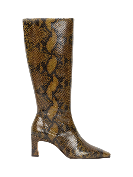 Bobbies Coline Snake Embossed Leather Flared Heel Knee High Boots, Khaki Mamba, Khaki Mamba