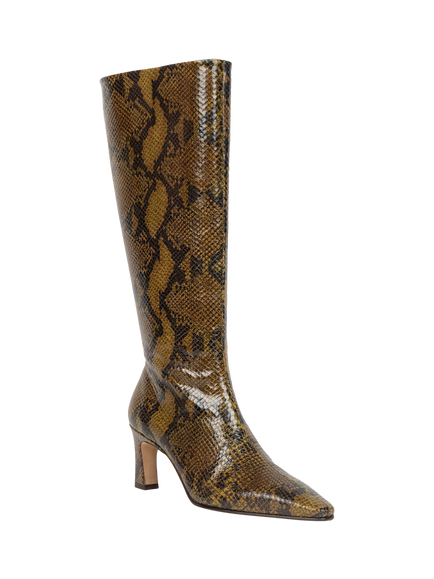 Bobbies Coline Snake Embossed Leather Flared Heel Knee High Boots, Khaki Mamba - view 2, Khaki Mamba