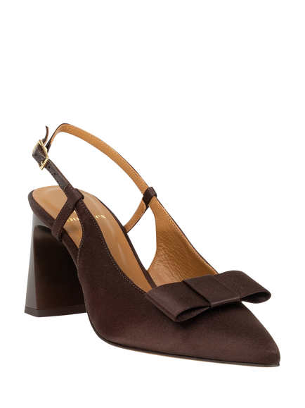 Bobbies Sole Satin Block Heel Slingback Court Shoes - view 2, Chocolate