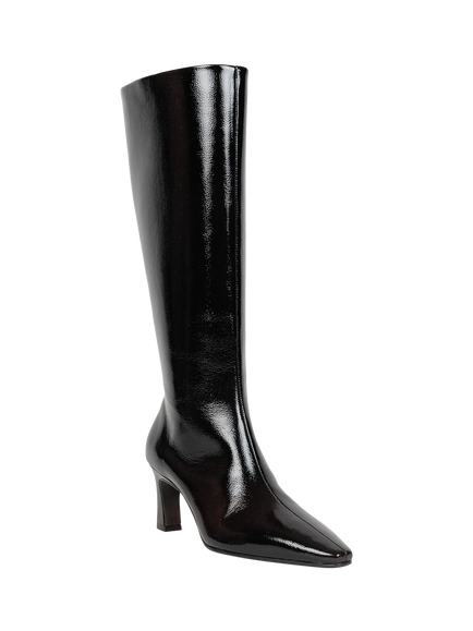 Bobbies Coline Crumpled Patent Leather Flared Heel Knee High Boots - view 2, Vinyl Black