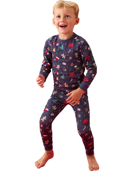 MORI Kids' Long Sleeve Christmas Fair Isle Pyjama Set, Blue Multi - view 2, Blue Multi