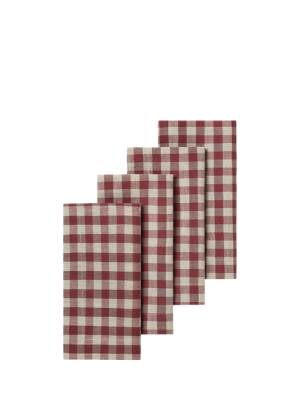 Piglet in Bed Gingham Cotton Linen Blend Napkins, Set of 4, Rhubarb/Oatmeal, Rhubarb Gingham