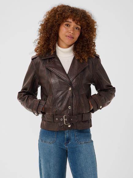 KAFFE Karusta Aviator Belted Leather Jacket, Rusty Black, Rusty Black
