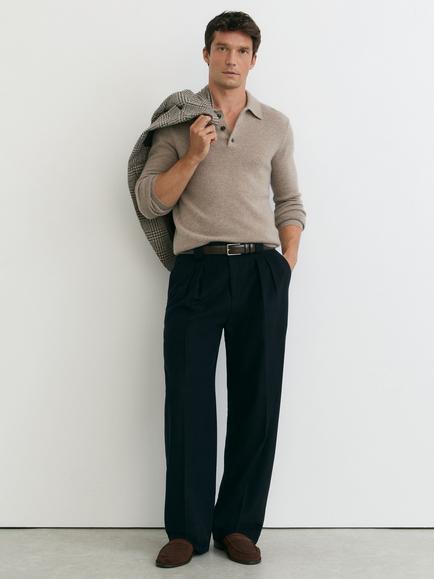 Reiss Daunton Cashmere Regular Fit Long Sleeve Polo Shirt, Taupe Melange, Taupe Melange