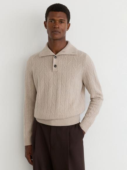 Reiss Littleton Wool Cable Knit Polo Jumper, Oatmeal, Oatmeal