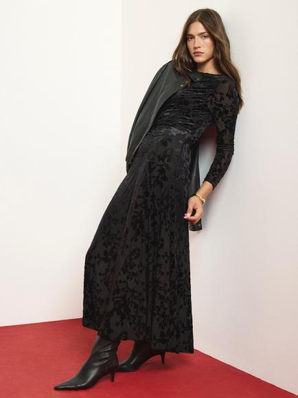 Mint Velvet Floral Velvet Midi Dress, Black, Black