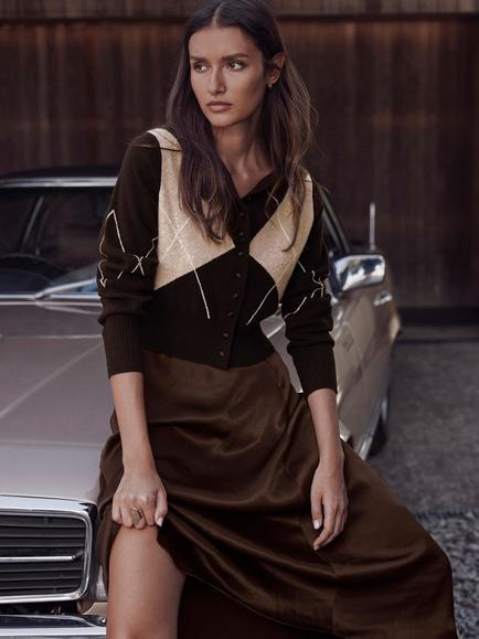 Mint Velvet 2-in-1 Midi Dress, Brown - view 2, Brown