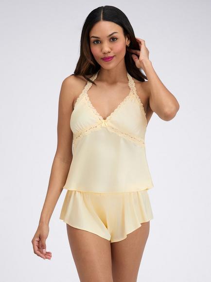 Boux Avenue Carly Halterneck Satin Short Pyjama Set, Buttermilk, Buttermilk
