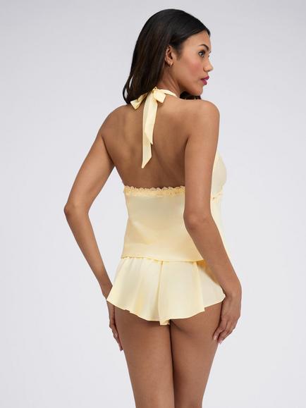 Boux Avenue Carly Halterneck Satin Short Pyjama Set, Buttermilk - view 2, Buttermilk
