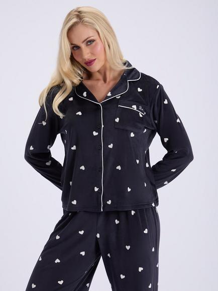 Boux Avenue Heart Velour Long Pyjama Set, Charcoal, Charcoal