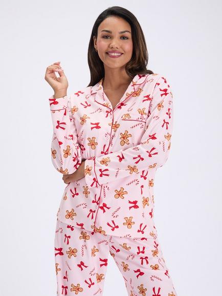 Boux Avenue Gingerbread and Candy Cane Fleece Pyjama Set, Pink, Pink