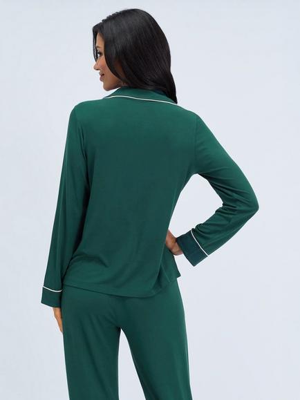 Boux Avenue Piping Modal Long Pyjama Set, Deep Green - view 2, Deep Green
