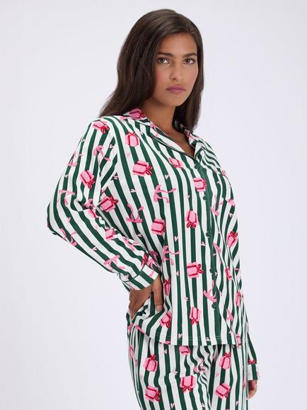 Boux Avenue Present and Stripe Print Fleece Pyjama Set with Gift Bag, Green, Green