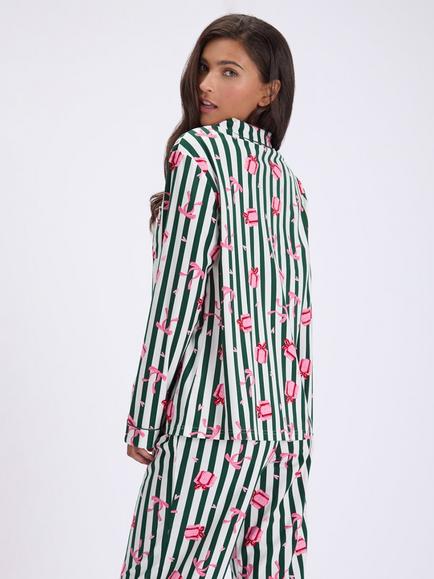 Boux Avenue Present and Stripe Print Fleece Pyjama Set with Gift Bag, Green - view 2, Green