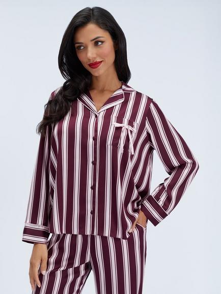 Boux Avenue Oversized Long Sleeve Striped Satin Pyjama Set, Plum, Plum