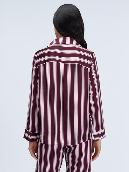 Boux Avenue Oversized Long Sleeve Striped Satin Pyjama Set, Plum - view 2, Plum