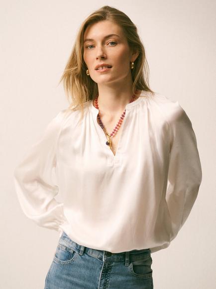 NRBY Nikki Silk Satin Shirt, Ivory, Ivory