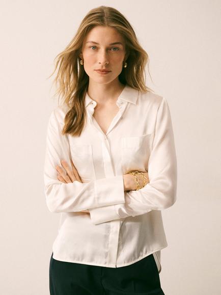 NRBY Yves Silk Satin Shirt, Ivory, Ivory