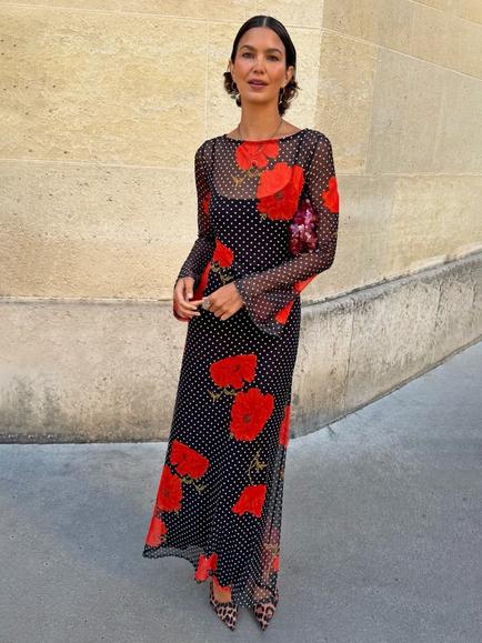 Never Fully Dressed Poppy Spot Aria Mesh Maxi Dress, Multi - view 2, Multi