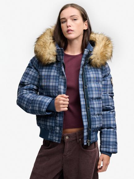 Superdry Everest Check Hooded Bomber Jacket, Navy/Pastel, Navy/Pastel
