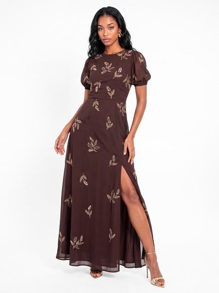 Maya Deluxe Open Back Embellished Short Sleeve Maxi Dress, Chocolate, Chocolate