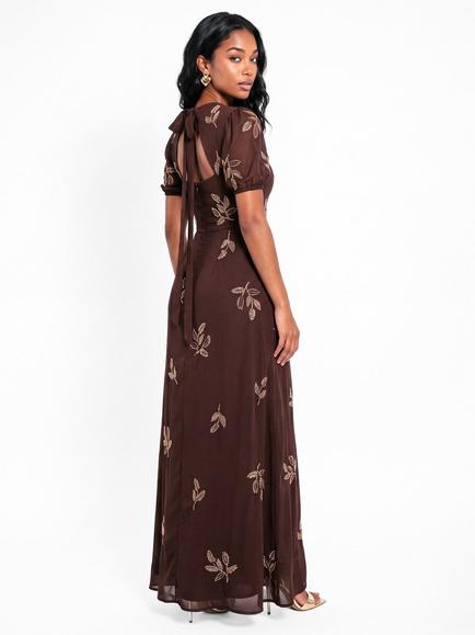 Maya Deluxe Open Back Embellished Short Sleeve Maxi Dress, Chocolate - view 2, Chocolate