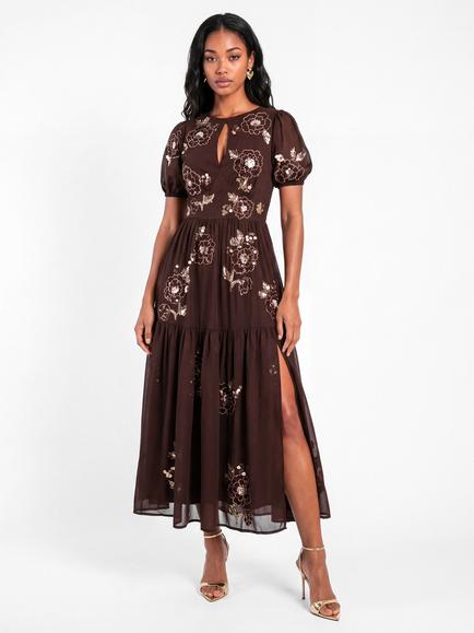 Maya Deluxe Embellished Keyhole Detail Tiered Midaxi Dress, Chocolate, Chocolate