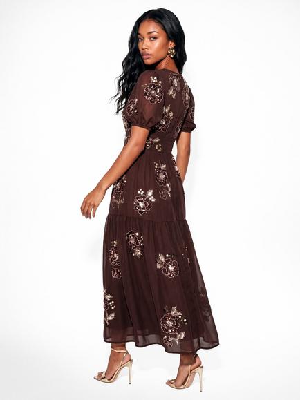 Maya Deluxe Embellished Keyhole Detail Tiered Midaxi Dress, Chocolate - view 2, Chocolate