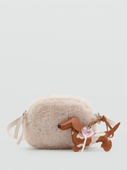 Mango Kids' Faux Fur Cross Body Charm Bag, Sand