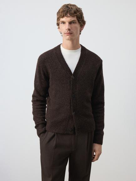 Mango Wool Blend V-Neck Button Cardigan, Chocolate, Chocolate