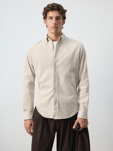 Mango Cotton Rich Tailored Fit Button Up Shirt, Stone
