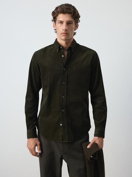 Mango Cotton Rich Tailored Fit Button Up Shirt, Bottle Green