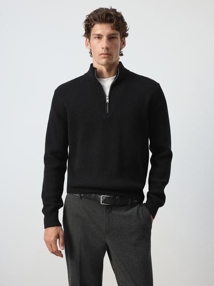 Mango Ribbed Half Zip Knit Jumper, Black