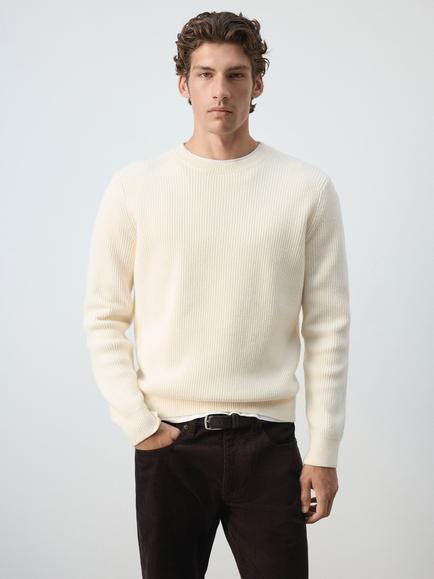Mango Rib Knit Crew Neck Jumper, Off White