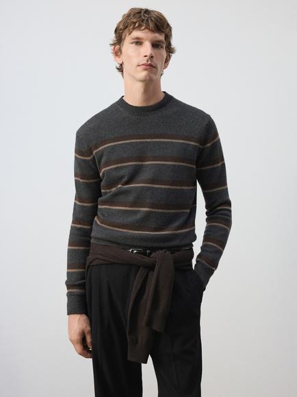 Mango Striped Crew Neck Cashmere Blend Jumper, Dark Grey Melange, Dark Grey Melange