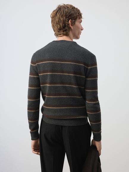 Mango Striped Crew Neck Cashmere Blend Jumper, Dark Grey Melange - view 2, Dark Grey Melange