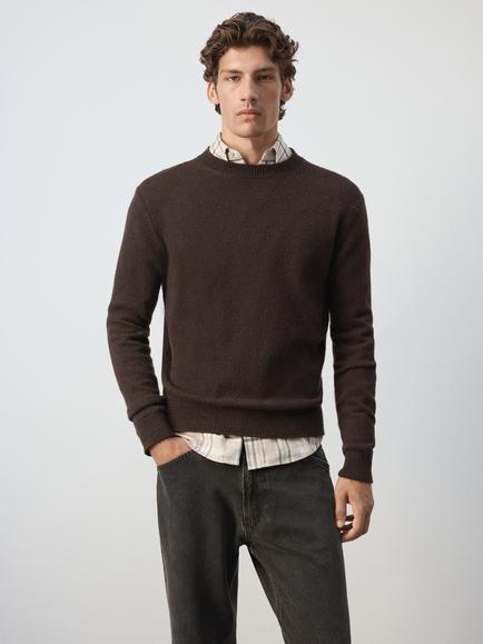 Mango Wool Blend  Crew Neck Jumper, Chocolate, Chocolate