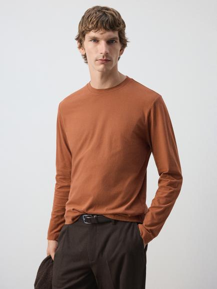 Mango Cotton Long Sleeve Crew Neck T-Shirt, Terracotta