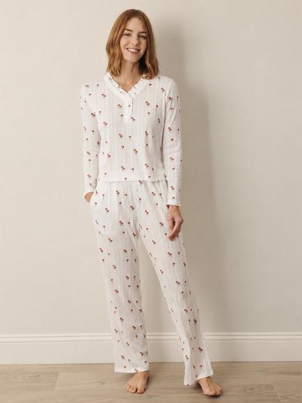 Their Nibs Long Sleeve Pointelle Mushroom Print Pyjama Set, Cream, Cream