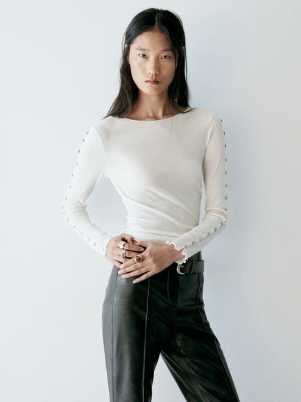 Mango Ribbed Boat Neck Button-Sleeve Top, White, White