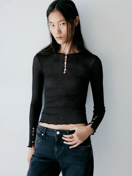 Mango Button Front Semi Sheer Ribbed Top, Black, Black