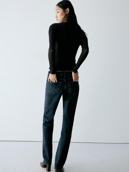 Mango Button Front Semi Sheer Ribbed Top, Black - view 2, Black