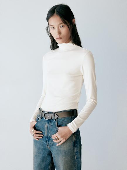 Mango High-Neck Slim-Fit Long Sleeve Top, Off White