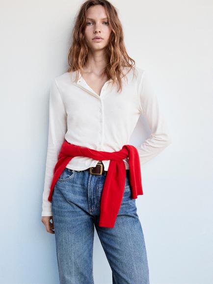 Mango Buttoned Long Sleeve T-Shirt, Pink, White