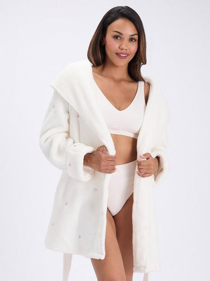 Boux Avenue Bow and Cherry Teddy Fleece Short Dressing Gown, Ivory, Ivory
