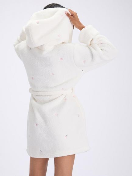 Boux Avenue Bow and Cherry Teddy Fleece Short Dressing Gown, Ivory - view 2, Ivory