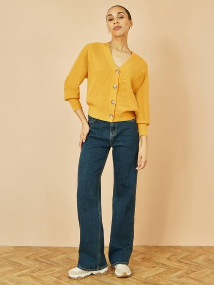 Yumi Stitch Detail Relaxed Fit Cardigan, Mustard, Mustard