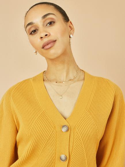 Yumi Stitch Detail Relaxed Fit Cardigan, Mustard - view 2, Mustard