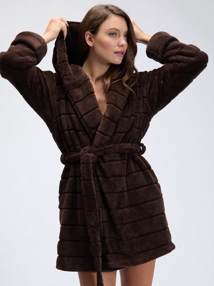 Boux Avenue Fluffy Striped Short Hooded Dressing Gown, Chocolate, Chocolate